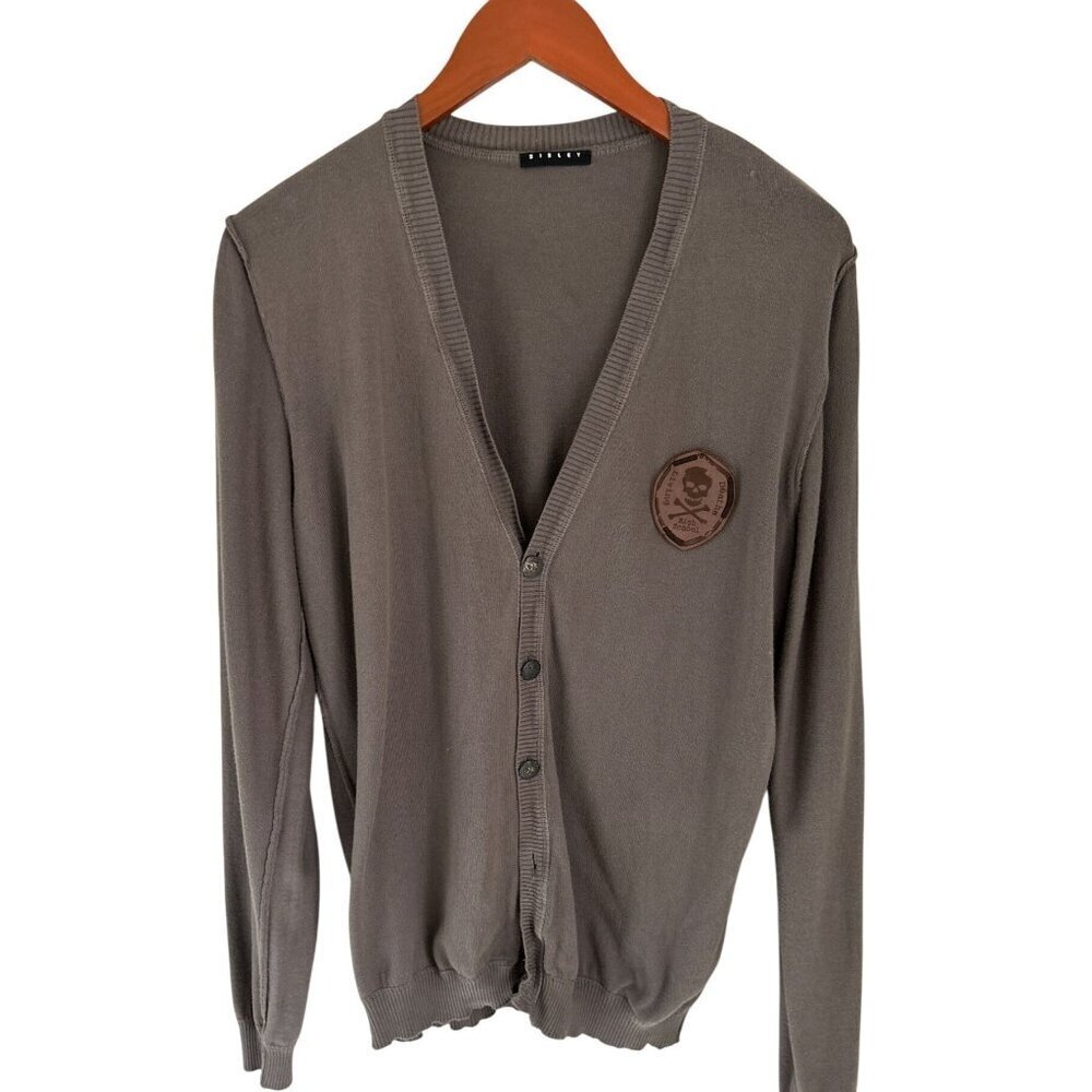 Sisley Mens Brown V-Neck Button-Up Cardigan Sweater With Scull Patch Logo